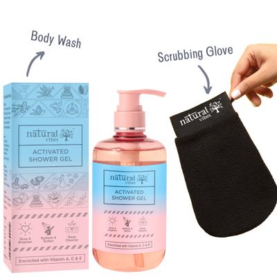 Natural Vibes Deep Cleanse & Exfoliating Routine Shower Gel Body Wash + Scrubbing Glove 300 ml - Bath Kits & Sets