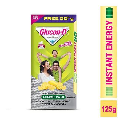 Glucon-D Instant Energy Powder - Nimbu Pani (Refill) (75 gm + Free 50 gm) - Energy Drinks
