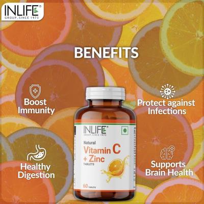 Inlife Natural Vitamin C + Zinc 1000 mg Tablet - Orange Flavour 60's - Vitamin C