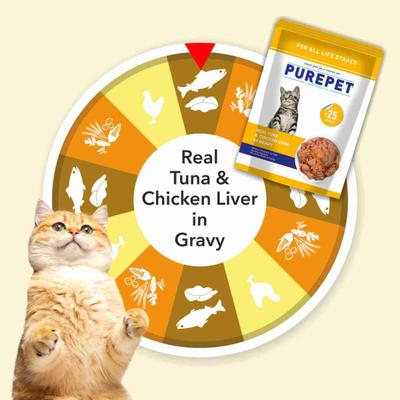 Purepet All Life Stages Wet Cat Food, Real Tuna and Chicken Liver in Gravy, 24 Pouches (24 x 70g) 1600 gm - Petfood