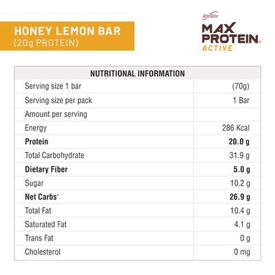RiteBite Max Protein Active Honey Lemon Bar (Pack of 12 x 70 gm) - Nutritional Bars