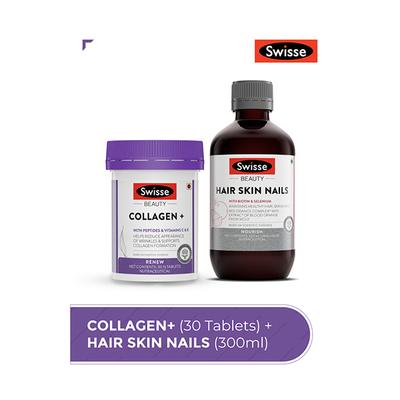 Swisse Beauty Inside Out (Collagen+ Tablet 30's, Hair Skin and Nails Liquid 300 ml) Combo Pack - Hair & Skin
