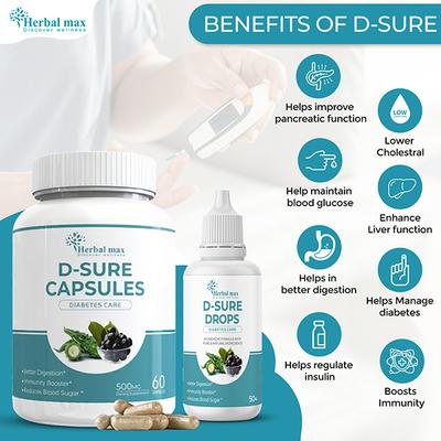 Herbal Max D-Sure Kit Diabetic Care Kit (D Sure Capsule 60's + D Sure Drops (Pack of 4 x 50 ml)) - Diabetes (Fitness)