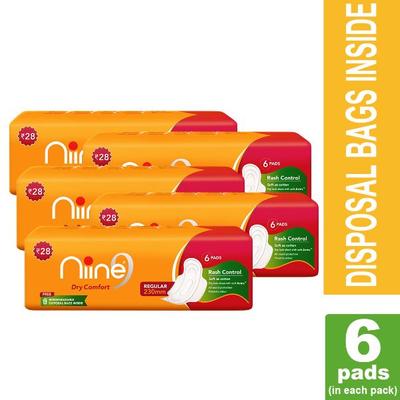 Niine Dry Comfort Sanitary Pads with Biodegradable Disposable Bags - Regular (Pack of 5 x 6's) - Sanitary Napkins