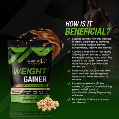 MuscleXP Weight Gainer Powder - Double Chocolate Flavour 1 kg + Shaker 1's - Weight Gain
