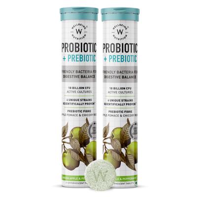 Wellbeing Nutrition Probiotic + Prebiotic Fibre Effervescent Tablet - Green Apple & Peppermint (Pack of 2 x 21's) - Digestive Health