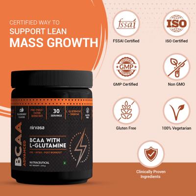 Nirvasa BCAA Advanced Powder with L-Glutamine - Blueberry Flavour 210 gm - Bcaa Supplements