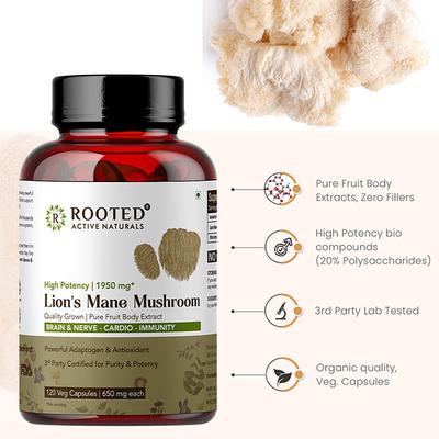 Rooted Active Naturals Lion's Mane Mushroom Veg Capsule 120's - Pure Herbs
