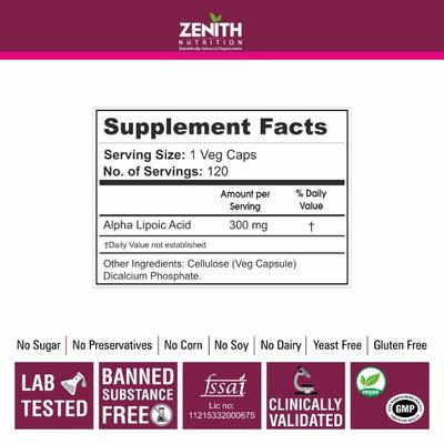 Zenith Nutrition Alpha Lipoic Acid 300 mg Capsules 120's - Amino Acids