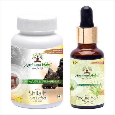 Aachman Veda Shilajit + Pure Extract Capsule 60's & Aachman Veda Recure Hair Tonic 30 ml (Free) 1's - Speciality Medicines