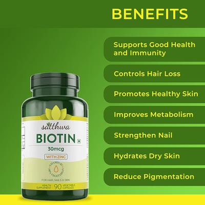 Satthwa Biotin 30 mcg with Zinc Veg Capsule 90's - Hair & Skin
