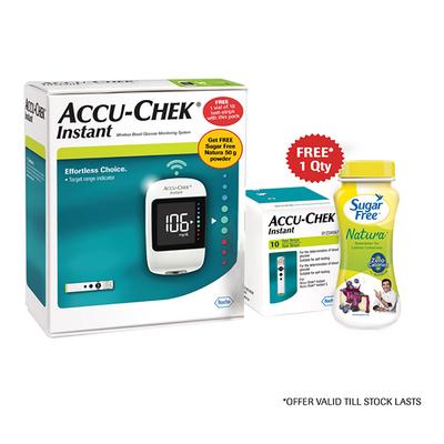 Accu-Chek Instant Blood Glucose Monitor with 10 Test Strips - (Get Free Sugar Free Natura Powder 50 gm) - Blood Glucose Monitors/Strips