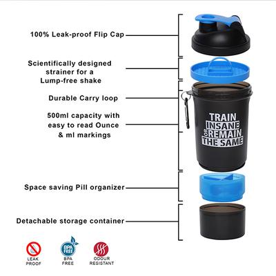 GHC 3-Compartment Shaker Bottle - Blue 600 ml - Workout Essentials