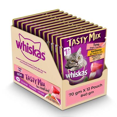Whiskas Tasty Mix Tuna and Kanikama with Carrot in Gravy (Pack of 70gm x 12) 840gm - Petfood