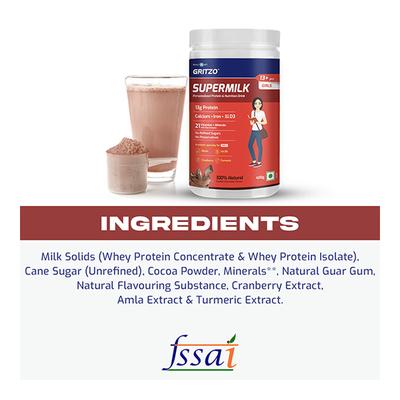 Gritzo SuperMilk Nutrition Drink Powder for Girls (13+ yrs) - Double Chocolate 400 gm - Nutritional Supplement