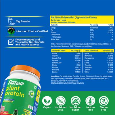 Fast&Up Vegan Plant Protein Powder - Strawberry Splash Flavour 1320 gm - Whey Proteins
