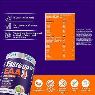 Fast&Up EAA Intra Training Supplement (30 Servings) - Watermelon Splash Flavour 390 gm - Workout Essentials