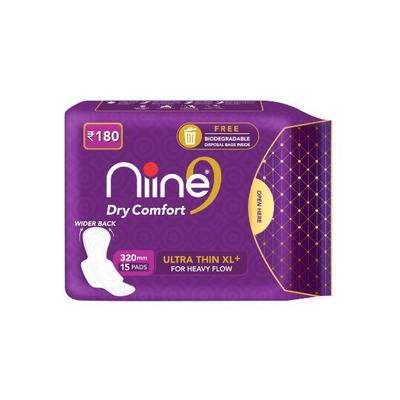 Niine Dry Comfort Sanitary Napkin with Biodegradable Disposable Bags - Ultra Thin XL+ 15's - Sanitary Napkins