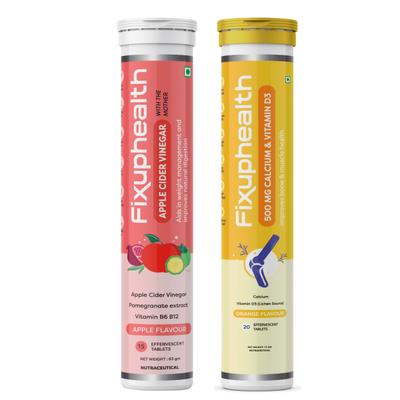 FixUpHealth Apple Cider Vinegar Effervescent Tablet - Apple Flavour 15s & FixUpHealth Calcium and Vitamin D3 Effervescent Tablet - Orange Flavour 20s 1's - Apple Cider Vinegars
