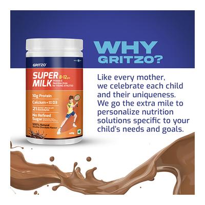 Gritzo SuperMilk Nutrition Drink Powder for Young Athletes - Double Chocolate 400 gm - Nutritional Supplement