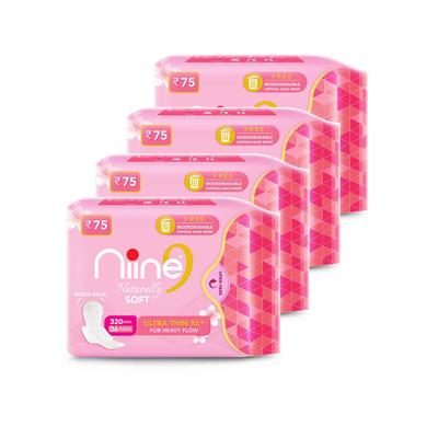 Niine Naturally Soft Sanitary Pads with Biodegradable Disposal Bags - Ultra Thin XL+ (Pack of 4 x 6's) - Sanitary Napkins