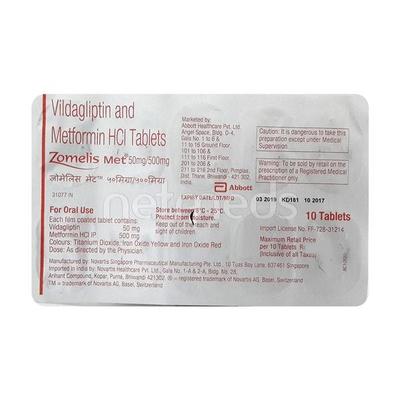 Zomelis Met 500mg Tablet 10'S - Diabetes-Ant