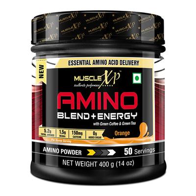 MuscleXP Amino Blend & Energy Powder - Orange Flavour 400 gm + Shaker 1's - Whey Proteins