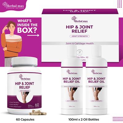 Herbal Max Hip & Joint Relief Kit (Hip & Joint Relief 500 Mg Capsule 60's + Hip & Joint Relief Oil (Pack of 2 x 100 ml)) - Vital Health