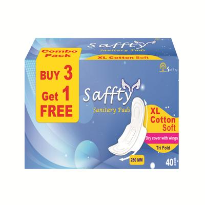 Saffty Cotton Soft Tri Fold Sanitary Pads 280 MM with Dry Cover and Wings (Buy 3 Get 1 Free) (XL) 40's - Sanitary Napkins