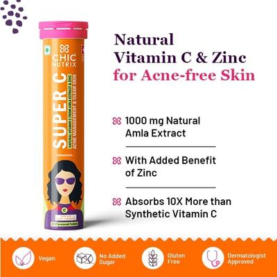 Chicnutrix Super C- Amla Extract and Zinc Effervescent Tablet - Orange Flavour (Pack of 3 x 20's) - Vitamin C