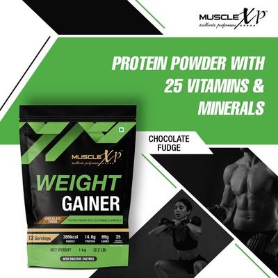 MuscleXP Weight Gainer Protein Powder - Chocolate Fudge 1 kg - Workout Essentials