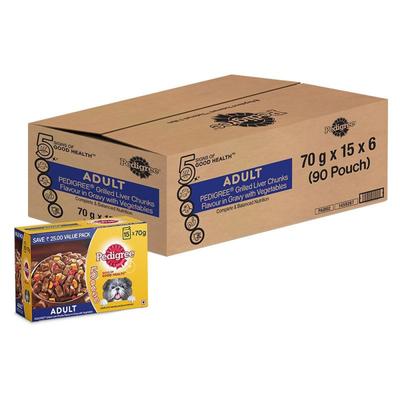 Pedigree Adult Grilled Liver Chunks Flavour in Gravy with Vegetables (Pack of 70gm x 90) 6300 gm - Petfood