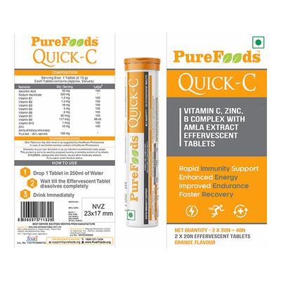 PureFoods Quick-C Effervescent Tablet - Orange Flavour (Pack of 2 x 20's) - General Health