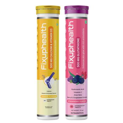 FixUpHealth Calcium and Vitamin D3 Effervescent Tablet - Orange Flavour 20s & FixUpHealth Glutathione Effervescent Tablet - Strawberry Flavour 15s 1's - Calcium And Minerals