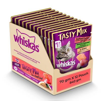 Whiskas Tasty Mix Seafood Wakame Seaweed in Gravy (Pack of 70gm x 12) 840 gm - Petfood