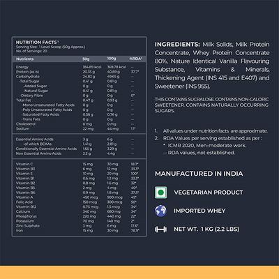 Nutrabay Gold Vital Whey Protein Powder - Gourmet Vanilla 1 kg - Whey Proteins