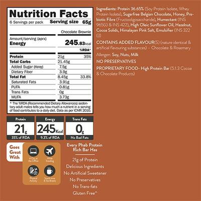 Phab Protein Bar - Chocolate Brownie Flavour (Pack of 6 x 65 gm) - Nutritional Bars