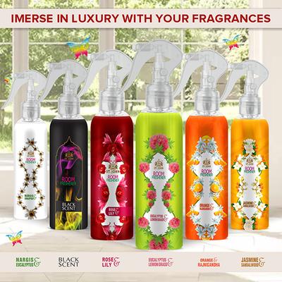 St. John Room Freshener Combo (Orange Rajinigandh + Jasmine Sandalwood + Rose Lily + Eucalyptus Lemongrass) Pack of 4 x 250 ml - Men Deodorants/Roll-Ons