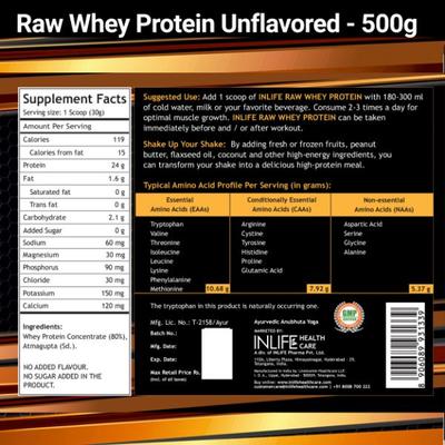 INLIFE Raw Whey Protein Powder - Unflavoured 500 gm - Whey Proteins