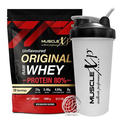 MuscleXP Raw Whey Protein Concentrate 80% Powder - Unflavored 1 kg + Shaker 1's - Whey Proteins