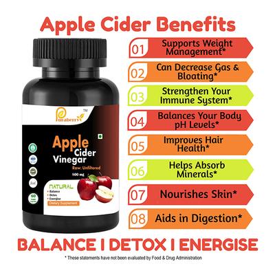 Puraberry Raw Unfiltered Raw Apple Cider Vinegar 800 mg Veg Capsule 60's - Herbal Dietary Supplement