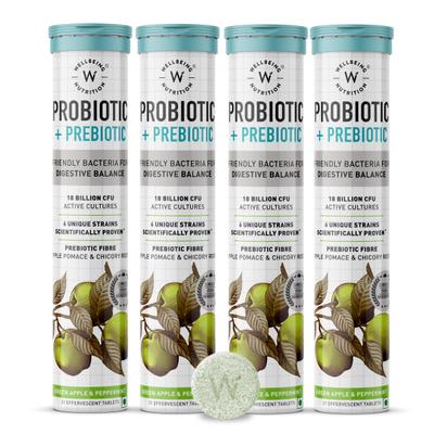 Wellbeing Nutrition Probiotic + Prebiotic Fibre Effervescent Tablet - Green Apple & Peppermint (Pack of 4 x 21's) - Digestive Health