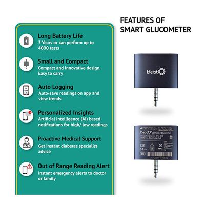 BeatO Smart Glucometer Kit (Mobile Connected Glucometer 1's + Test Strips 50's) - Blood Glucose Monitors/Strips