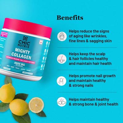 Chicnturix Mighty Collagen Powder - Japanese Marine Collagen Peptides Lemonade Flavour 237 gm - Hair & Skin