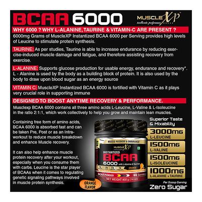 MuscleXP Instantized BCAA 6000 Supplement Powder - Orange Flavour 400 gm + Shaker 1's - Whey Proteins