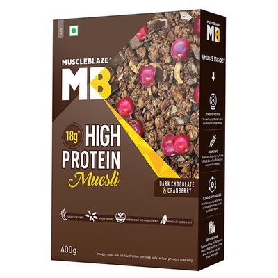 MuscleBlaze High Protein Muesli Mix - Dark Chocolate & Cranberry 400 gm - Nutritional Bars