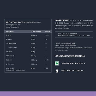 Nutrabay Pro Liquid L Carnitine + Vitamin B5 - Lemon Lime 450 ml - Multi-Vitamins