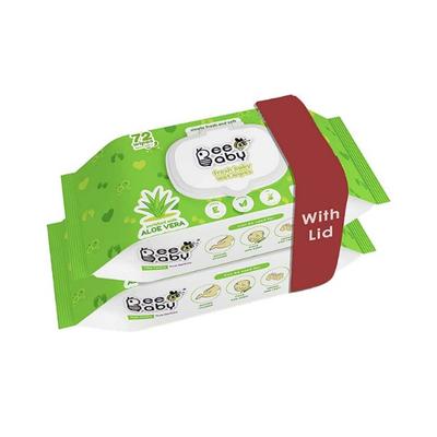 Beebaby Fresh Baby Wet Wipes with Plastic Lid, Contains Aloe Vera 72 Pieces each 2's - Cotton Buds & Balls