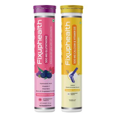 FixUpHealth Glutathione Effervescent Tablet - Strawberry Flavour 15s & FixUpHealth Calcium and Vitamin D3 Effervescent Tablet - Orange Flavour 20s 1's - General Health
