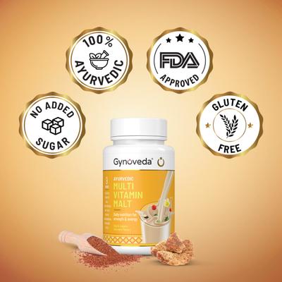 Gynoveda Ayurvedic Multi Vitamin Malt Powder - Ragi & Jaggery Chocolate 250 gm - Herbal Dietary Supplement